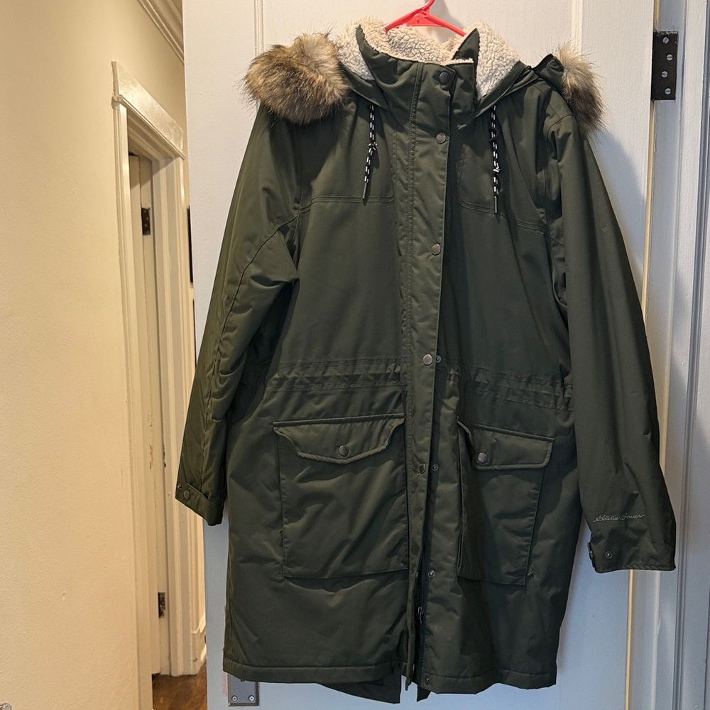 Eddie Bauer Olive Utility Jacket with Faux Fur Hood